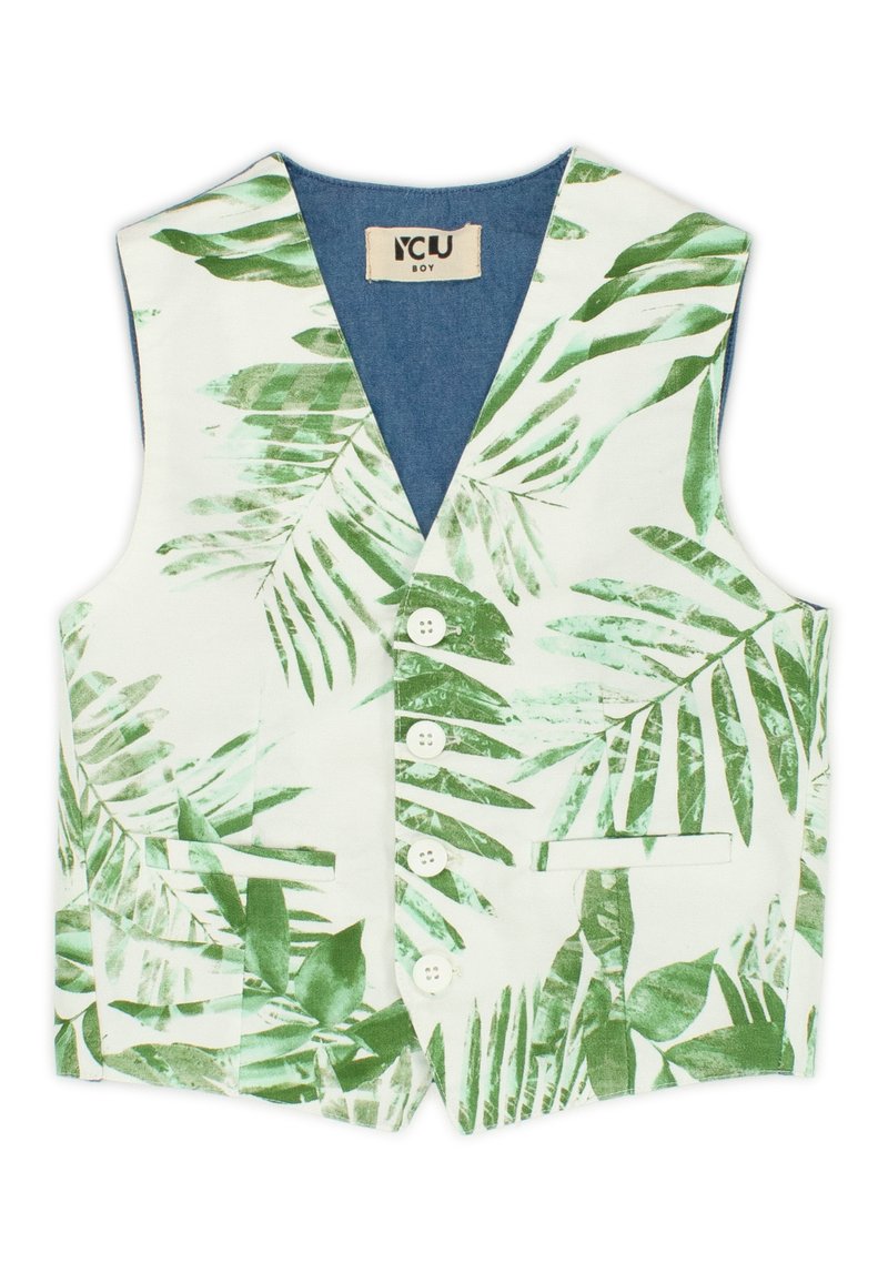 Gilet bianco con motivo a foglie verdi, dotato di scollo a V, quattro bottoni e due tasche frontali. Bordo in denim sul collo.