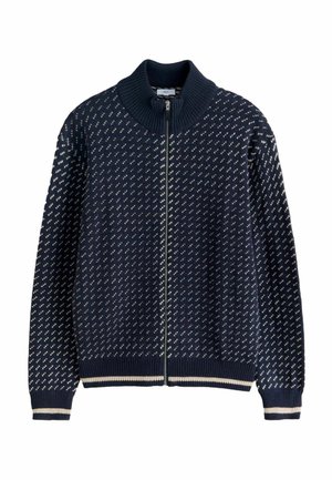 Marineblauer Strickcardigan mit hohem Kragen, Reißverschluss und weißen Musterdetails. Verfügt über gerippte Bündchen und Saum. Strukturierter Stoff.