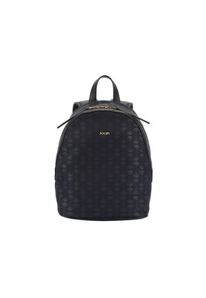 Navy backpack with a textured surface, featuring a subtle pattern, black leather accents, and a gold logo. Two adjustable straps on top.