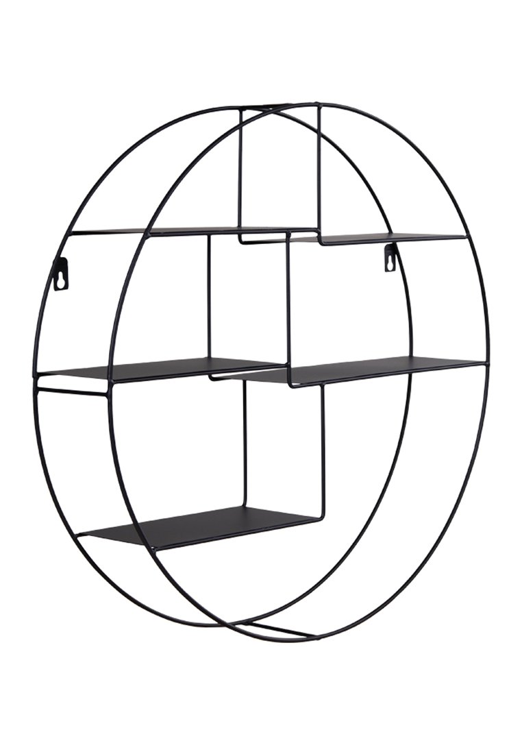 Czarna metalowa półka na ścianę o okrągłym wzorze, z trzema poziomymi półkami w obrębie okręgu oraz minimalistycznymi detalami geometrycznymi.