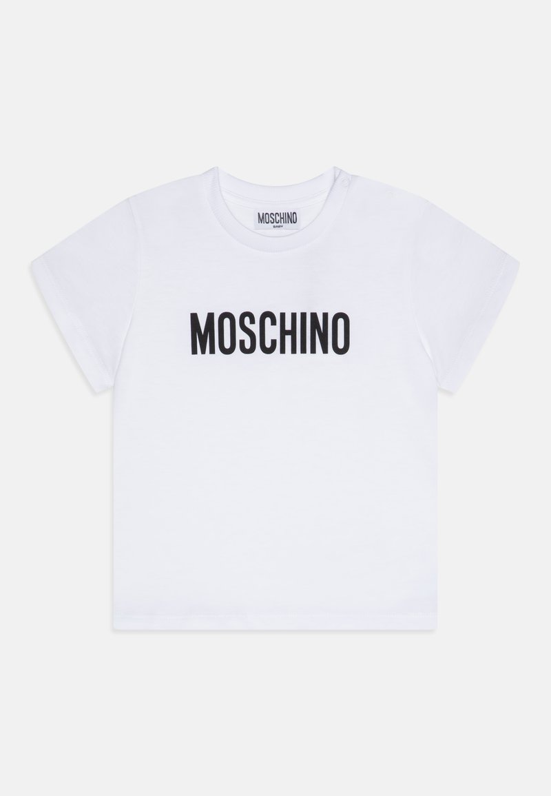 White short-sleeve t-shirt made of cotton, featuring a black "MOSCHINO" logo printed across the chest. Simple, classic design.