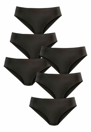 Black cotton hipster panties, featuring a smooth texture, mid-rise waist, and simple design. Pack of six with no visible branding or patterns.