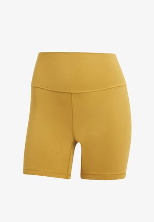 Yellow elastic athletic shorts with a wide waistband, smooth texture, and a mid-thigh length. Flatlock seams for added comfort.