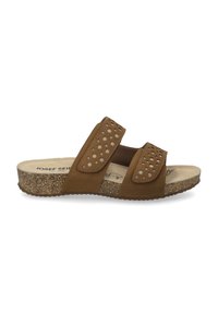 Brown slide sandal with two adjustable straps featuring circular perforations. Soft material with a cushioned footbed and textured sole.