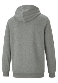 Sudadera gris con tejido suave y texturizado, capucha y puños y dobladillo acanalados. La vista posterior muestra un diseño simple y sin costuras.