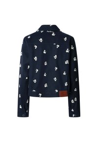 Marinblå jacka med vit blommig broderi, krage, knäppta manschetter och en brun läderetikett. Tillverkad av bomull, cropped design.