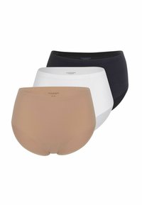 Sæt af tre kvinder briefs: én beige, én hvid, én sort. Glat stof, høj talje-design med subtilt logo på elastikken.