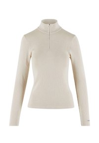 Lyse beige langermet genser med høy hals laget av ribbestrikket stoff, med kvart glidelås i halsen og tettsittende design.