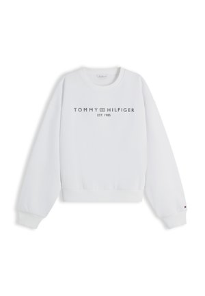 Fehér hosszú ujjú, kerek nyakú pulóver, középen a mellrészen "Tommy Hilfiger EST. 1985" felirattal és logóval.