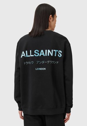 Sweatshirt noir avec le texte au dos "ALLSAINTS" en dégradé aqua, accompagné de caractères japonais et de "LONDON" en blanc. Tissu en coton doux.