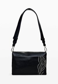 Black leather shoulder bag with a textured finish, featuring a floral pattern in white stitching, and an adjustable strap with metal hardware.