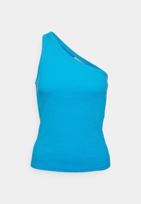 Asymetryczna bluzka na jedno ramię w intensywnym turkusowym kolorze, wykonana z miękkiego materiału bawełnianego, o dopasowanym kroju i gładkiej strukturze.