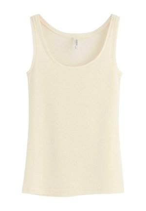 Lys beige tanktop med en rund halsudskæring, tynde stropper og en tætsiddende pasform. Lavet af blødt, strækbart stof. Ingen synlige mønstre eller detaljer.