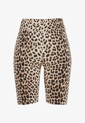 Pantalones cortos de bicicleta con estampado de leopardo que presentan una cintura alta, cinturilla elástica y tejido suave. El patrón incluye diferentes tonalidades de marrón y negro.