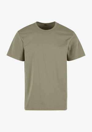 Olive zaļas kokvilnas T-krekls ar īsām piedurknēm, apaļu kakla izgriezumu un taisnu apakšmalu. Gluda tekstūra, nav redzamu rakstu vai akcentu.