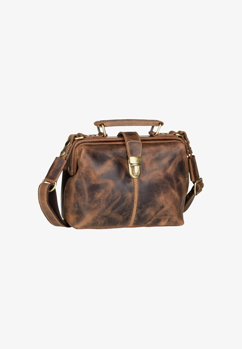 Borsa a tracolla in pelle marrone con design strutturato, accessori in ottone, manico superiore e tracolla regolabile. Presenta una chiusura a zip e una superficie texture.