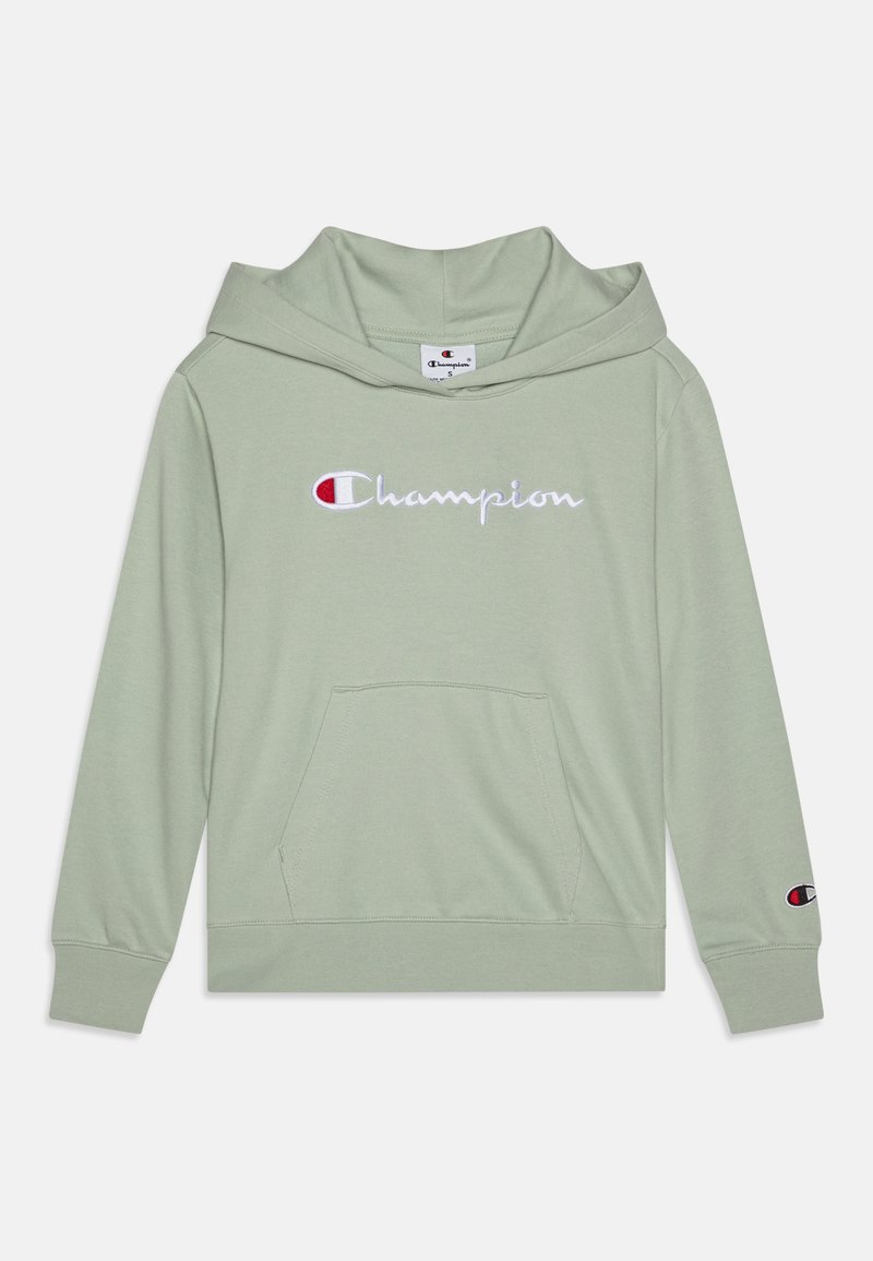 Φωτεινό πράσινο φούτερ από μαλακό ύφασμα, με μπροστινή τσέπη, κουκούλα με κορδόνι και κεντημένο λογότυπο "Champion" σε λευκό και κόκκινο.