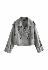 Veste en jean grise courte à double boutonnage avec larges revers, épaulettes, poches latérales et bracelets de poignet réglables.