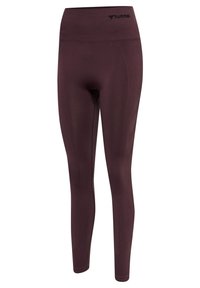 Bordeaux leggings met een hoge tailleband, gemaakt van rekbare stof, met een textuurpatroon en een klein logo op de tailleband.