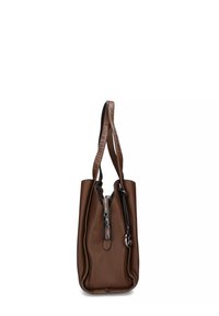 Borsa a mano in pelle marrone con superficie texturizzata, chiusura con zip superiore, due manici e un piccolo accento in argento sul tirazip.