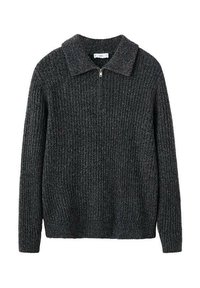 Ciemnoszary sweter dziany o prążkowanej fakturze, z kołnierzykiem i zamkiem na pół długości dla łatwego zakładania.