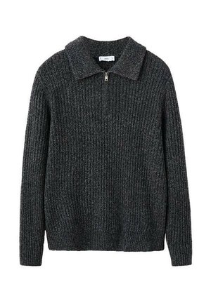 Dark gray knitted sweater with a ribbed texture, featuring a collared neckline and a half-zip closure for easy wear.