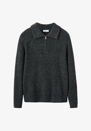 Dark gray knitted sweater with a ribbed texture, featuring a collared neckline and a half-zip closure for easy wear.