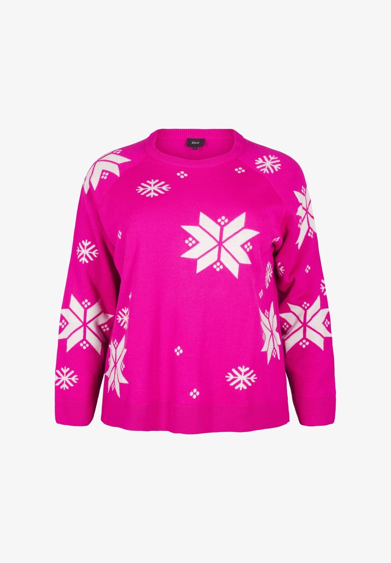 Maglione rosa con motivi di fiocchi di neve bianchi, scollatura rotonda e maniche lunghe. Il tessuto appare morbido con una vestibilità comoda.