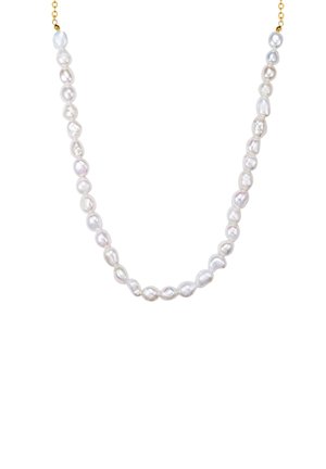 Baroque pearl necklace featuring assorted iridescent, oval-shaped pearls, strung on a delicate gold chain.