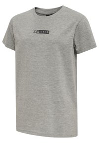 Grå bomull t-shirt med korta ärmar, rund halsringning och en svart rektangulär grafik med "GRID" i mitten på framsidan.