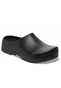 Black clogs made of textured rubber with a curved design, featuring a padded insole and a thick, non-slip sole for durability.