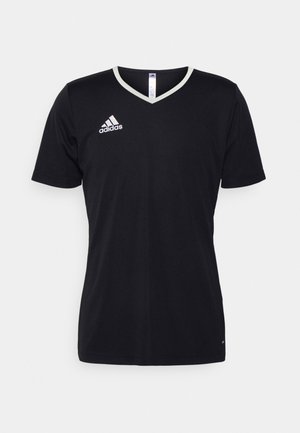 Zwart sportief T-shirt van lichtgewicht stof, met een V-hals en korte mouwen. Witte accenten en het Adidas-logo op de borst.