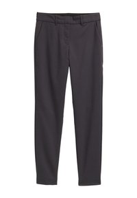 Dark grey slacks made of smooth fabric, featuring a mid-rise waist, belt loops, side pockets, and a straight-leg design.