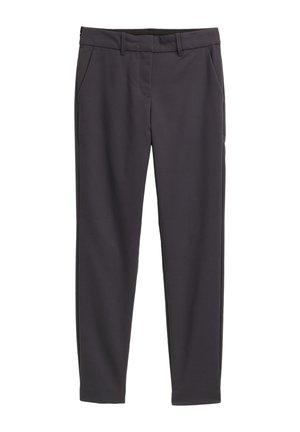 Dunkelgraue Stoffhosen aus glattem Material mit mittelhohem Bund, Gürtelschlaufen, Seitentaschen und geradem Schnitt.