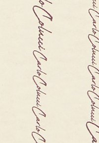 Επαναλαμβανόμενη καλλιγραφική γραφή με σκούρο καφέ μελάνι σε υφή καφέ χαρτιού με υπόβαθρο κρεμ, που απεικονίζει το όνομα "Carlo Colucci".