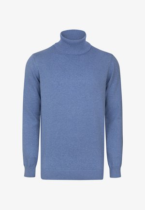 Pull ras du cou bleu clair en tissu doux et texturé. Il possède des manches longues et des accents côtelés au col et à l'ourlet.