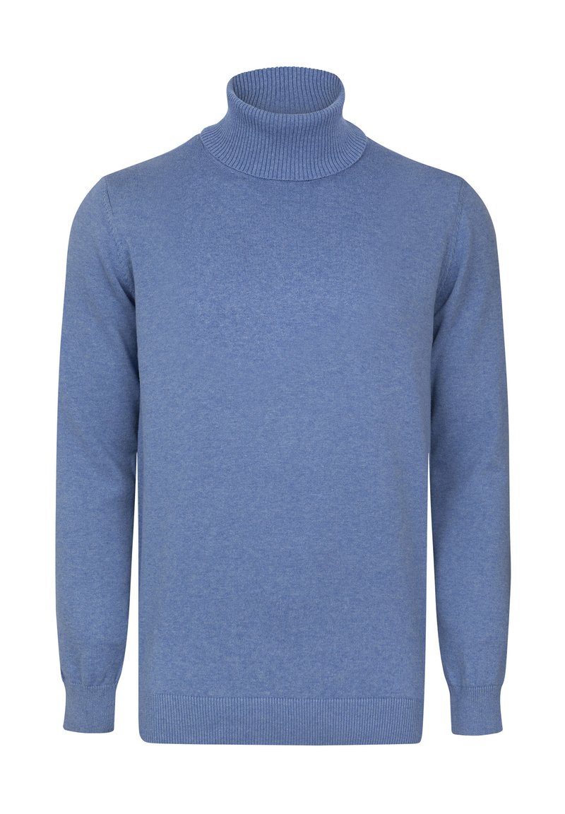 Helles blaues Rollkragensweatshirt aus weichem, strukturiertem Stoff. Verfügt über lange Ärmel und gerippte Akzente am Kragen und Saum.