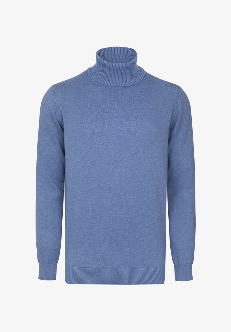 Jasnoniebieski sweter z golfem wykonany z miękkiego, strukturalnego materiału. Posiada długie rękawy oraz ściągacze na kołnierzu i u dołu.