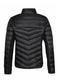 Black quilted jacket with chevron stitching on back, contrasting fabric on sleeves and sides, and a high collar.