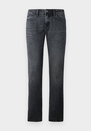 Dark gray straight-leg jeans made of denim, featuring a classic five-pocket design and a button closure at the waist.