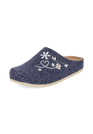 Marineblaue Filzpantoffel mit beiger Blumenstickerei und hellbrauner Sohle, zum Hineinschlüpfen, offener Fersenbereich für einfaches Tragen.