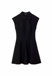 Sort ærmeløs kjole med spidse krave, der har en frontlynlås og en flagrende silhuet. Fremstillet af glat stof med diskrete sømme.
