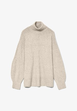 Pull à col roulé surdimensionné beige clair, en matière tricotée douce. Présente des poignets et un ourlet côtelés, avec un design simple et épuré.