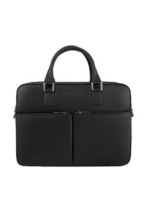 Czarna skórzana teczka z dwoma przednimi kieszeniami na zamek i zaokrąglonymi uchwytami.