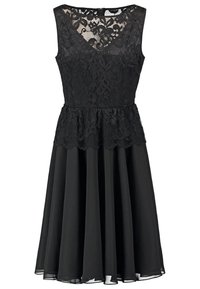 Svart klänning med en spetslivdel i blommönster, bred peplummidja och en flödande, knädlång kjol i mjukt tyg.