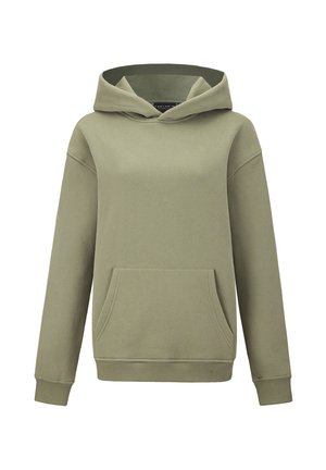 Hooded sweatshirt in olive green, made of soft fabric. Features a front pocket, long sleeves, and ribbed cuffs and hem.