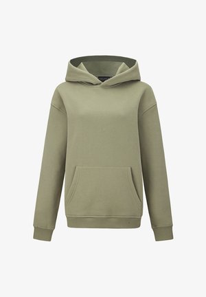 Kapuzenpullover in Olivgrün, aus weichem Stoff gefertigt. Verfügt über eine Fronttasche, lange Ärmel sowie gerippte Bündchen und Saum.