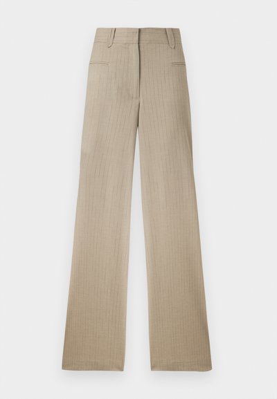Μπεζ παντελόνι με λεπτές ρίγες, ψηλόμεσο, με θηλιές για ζώνη, κρυφό εμπρόσθιο κούμπωμα και ευθείες, φαρδιές μπατζάκια.