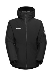 Giacca nera impermeabile con cappuccio, chiusura con zip, logo sul petto e polsini regolabili, realizzata in un tessuto durevole e testurizzato.