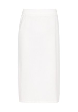 Hvid knælængde nederdel, fremstillet af blødt stof, har et elastisk taljebånd og et enkelt, lige design uden synlige udsmykninger.